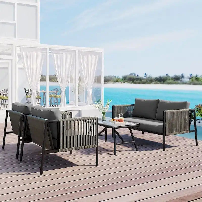 Ensemble de patio en corde d'extérieur 4 pièces pour 4 personnes avec coussins et table en verre