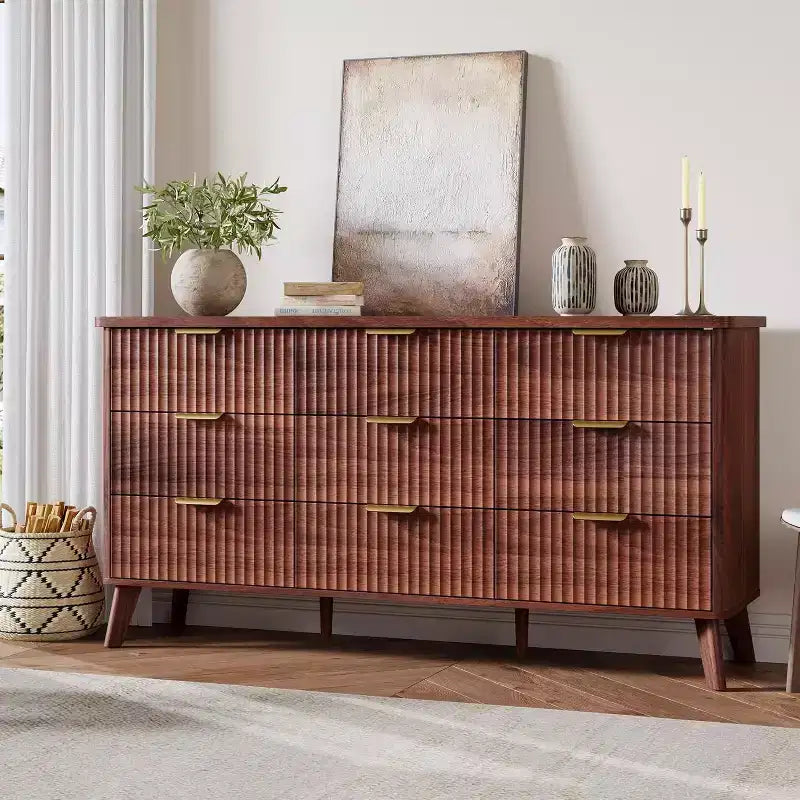 Commode cannelée à 9 tiroirs, 154 cm de large, en bois, avec rangement profond, pour chambre à coucher, salon ou couloir