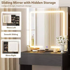 Coiffeuse moderne DobleePy avec miroir coulissant et lumières LED, 4 tiroirs, 7 étagères, station de recharge et tabouret, table de maquillage pour chambre à coucher