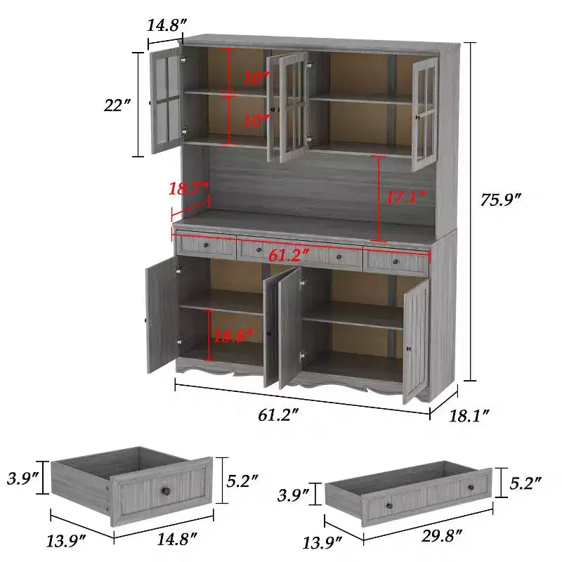 Famapy 61.2W Armoire de rangement grise Buffet Vaisselier de cuisine avec garniture de base ornée : Alliance d'élégance et d'utilité