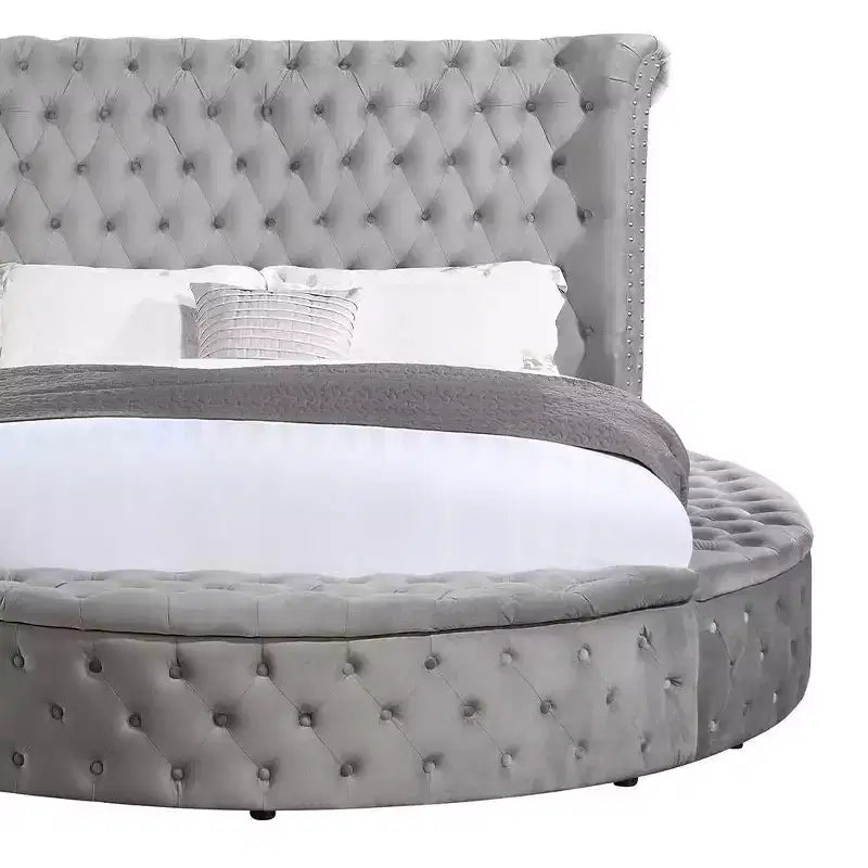 Lit Queen 109 Gaiva, velours gris - Acme Furniture : Design élégant avec clous décoratifs et capitonnage à boutons, cadre en bois composite