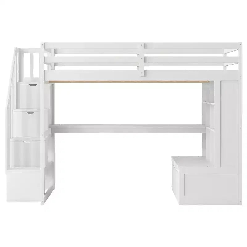Lit mezzanine pleine grandeur avec escalier et bureau, cadre de lits mezzanine en bois avec tiroirs de rangement et étagères pour adultes, adolescents et enfants
