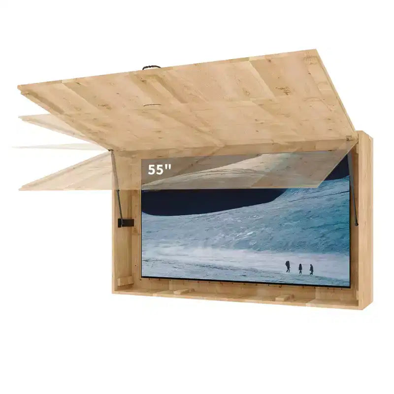 Meuble TV d'extérieur 55 pouces, cache-télévision en bois massif résistant aux intempéries avec support réglable 4D et porte rabattable (convient aux téléviseurs de 44 à 55 pouces)