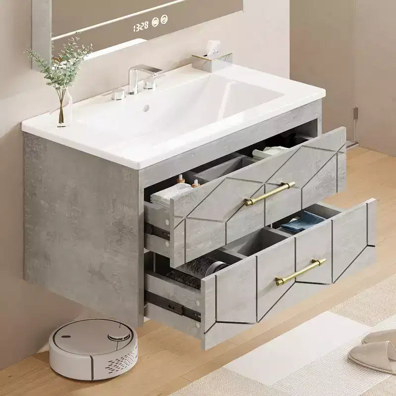Ensemble de meuble-lavabo suspendu moderne avec vasque – Meuble mural avec tiroir à fermeture douce et poignée dorée, tailles 24 ou 30