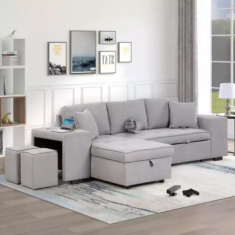 Sectionnel réversible en L de 104,5 po avec chaise longue de rangement et 2 poufs – Canapé-lit convertible 3 places pour salon