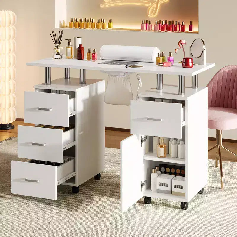 Table de manucure avec collecteur de poussière, roulettes verrouillables, repose-poignet et rangement pour la maison, les prothésistes ongulaires et les salons de beauté