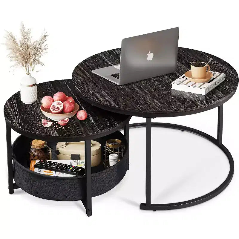 GALAXHERO Lot de 2 tables basses rondes gigognes - Tables d'appoint de 80 cm avec rangement et cadre métallique pour salon/appartement