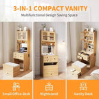 Coiffeuse 3-en-1 avec miroir lumineux, table de toilette compacte avec tiroirs, compartiment de rangement et tabouret roulant pour chambre à coucher