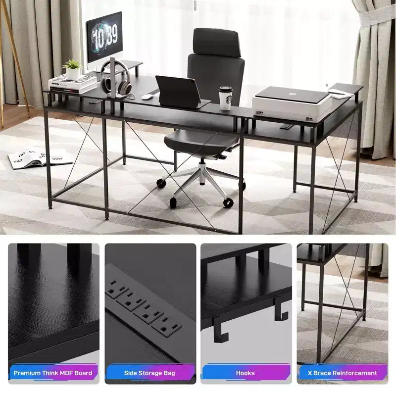 COZONY Bureau de jeu en forme de U/L 78", bureau d'ordinateur réversible avec prises de courant, lumières LED, support de moniteur et étagère de rangement, bureau d'angle pour le bureau à domicile