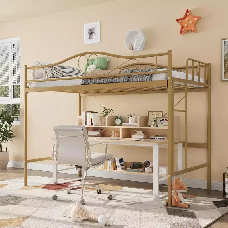 Lit mezzanine double avec échelle amovible et garde-corps de sécurité intégral, lit mezzanine double avec cadre en métal robuste d'une capacité de 180 kg, gain de place.