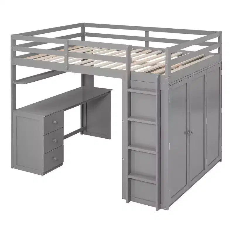 Lit mezzanine CLIHOME grand format avec 3 tiroirs de rangement, bureau et armoire