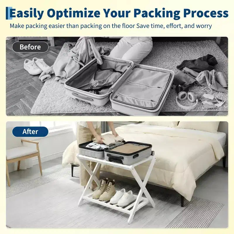 Lot de 2 porte-bagages pliables en bambou avec étagère à 2 niveaux, support de valise blanc de qualité supérieure supportant 68 kg pour chambres et hôtels