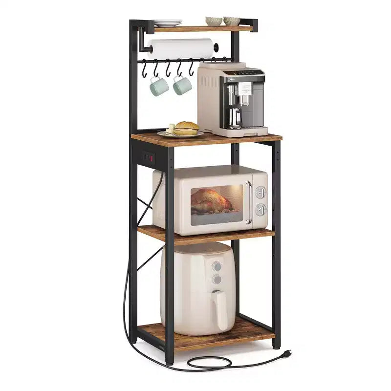 VASAGLE Étagère de Cuisine 4 Niveaux avec Prise Électrique, Meuble de Rangement pour Café avec 8 Crochets en S, Support Micro-Ondes, Étagère Réglable