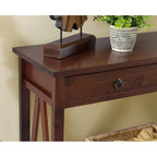 Console en bois marron tabac antique avec tiroir et étagère ouverte