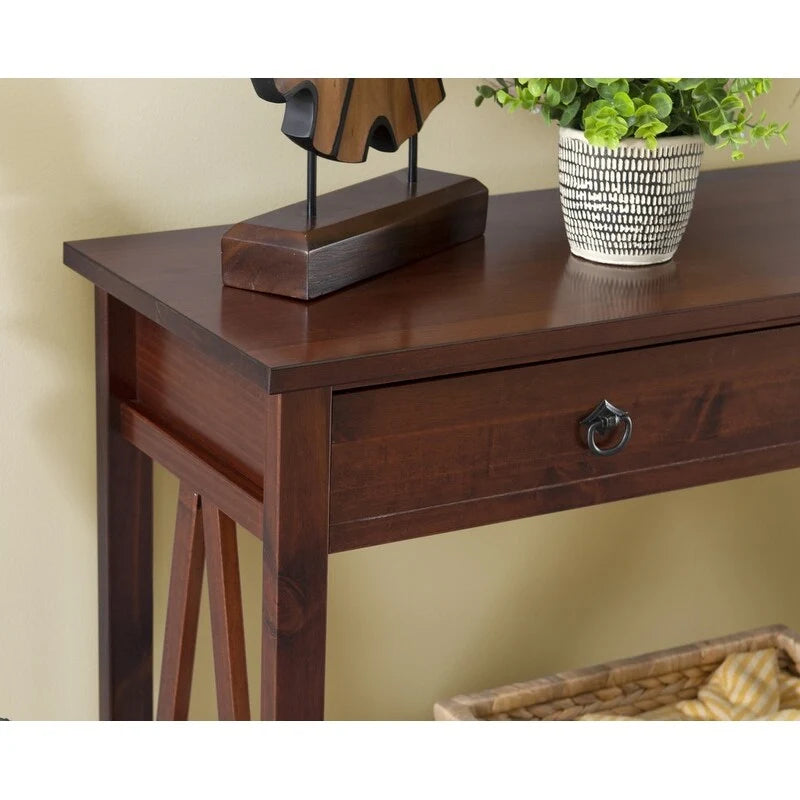 Console en bois marron tabac antique avec tiroir et étagère ouverte