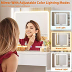Coiffeuse moderne DobleePy avec miroir coulissant et lumières LED, 4 tiroirs, 7 étagères, station de recharge et tabouret, table de maquillage pour chambre à coucher