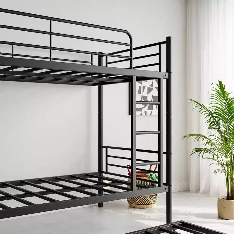 MAYEERTY Lit superposé noir en métal, taille double, avec lit gigogne, échelle, barrière de sécurité pleine longueur, sans bruit, pas besoin de sommier tapissier