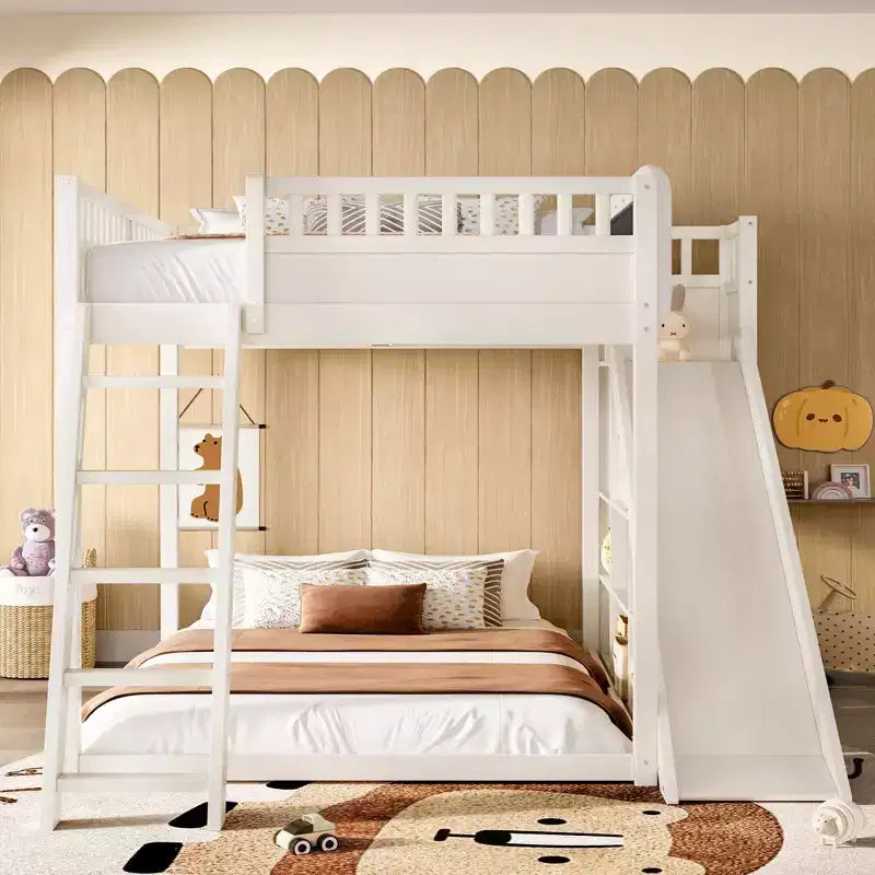Lit mezzanine Bellemave avec tête de lit rembourrée et étagères de rangement, cadre de lit mezzanine en bois massif avec échelle et toboggan pour enfants