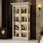 Bibliothèque Famapy Chêne Gris avec Vitrine en Verre et Bande Lumineuse LED, Étagère Haute avec Portes, Vitrine de Rangement