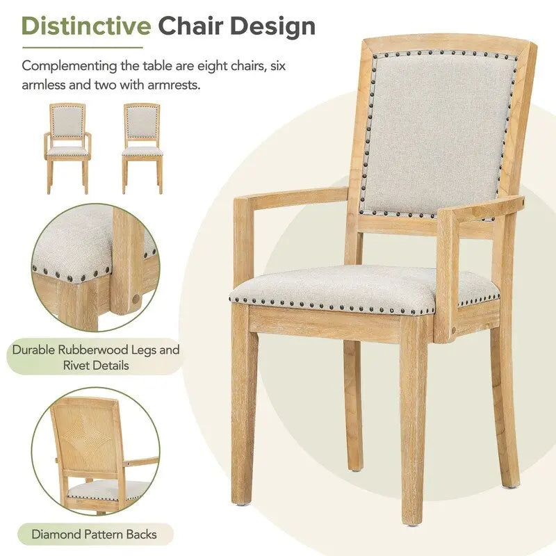 Ensemble de salle à manger extensible 9 pièces avec rallonge amovible de 61 cm, 6 chaises de salle à manger sans accoudoirs rembourrées et 2 fauteuils rembourrés
