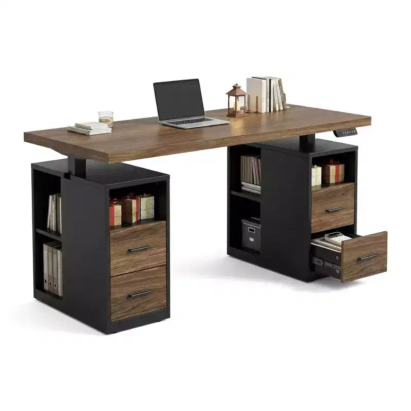 Bureau Debout de 55 pouces avec Tiroirs, Bureau de Direction Électrique à Hauteur Réglable avec Rangement, Poste de Travail Informatique pour Bureau à Domicile, Noyer Noir
