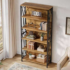 Bibliothèque industrielle Lantine 70.87, étagère à 6 niveaux avec cadre métallique géométrique et étagères de rangement ouvertes pour bureau à domicile, salon, marron