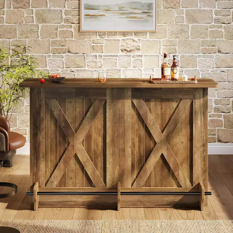 Table de bar Lantine de 63 pouces, table de pub de hauteur armoire de bar à 2 niveaux avec repose-pieds pour cuisine à domicile, bistrot, salle à manger, salon, marron