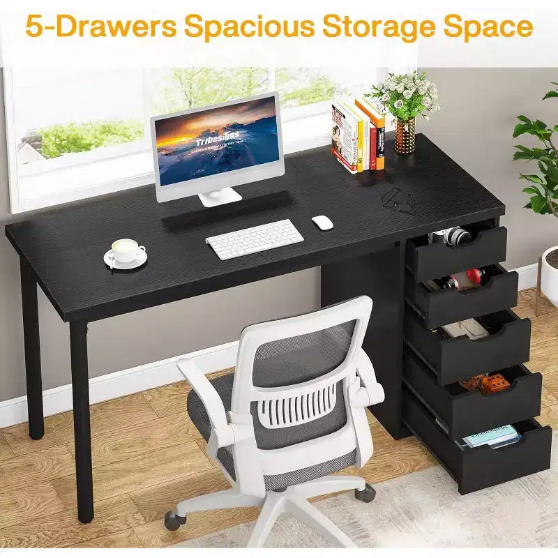 Bureau d'ordinateur Lantine avec 5 tiroirs, bureau moderne et simple de 119 cm pour la maison, le bureau et l'étude, idéal pour les petits espaces