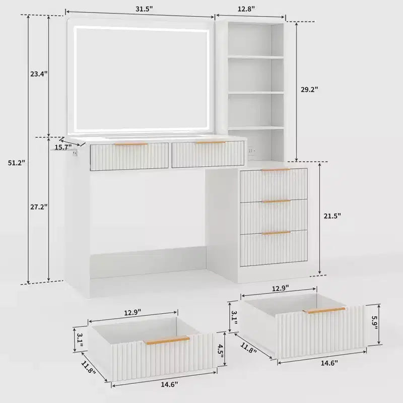 Coiffeuse de maquillage avec miroir éclairé et station de recharge, tactile 3 couleurs à intensité variable, 5 tiroirs et plateau en verre, table de maquillage moderne pour chambre à coucher