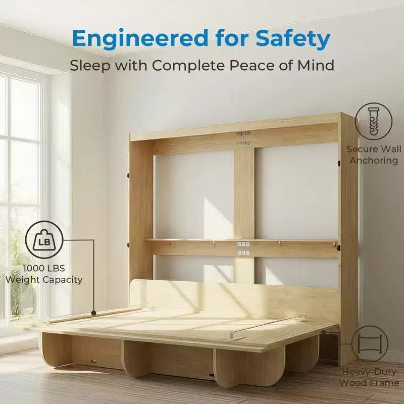Lit escamotable 2-en-1 invisible Murphy avec étagères de rangement, Grand lit (Queen), Bois naturel (Matelas non inclus)