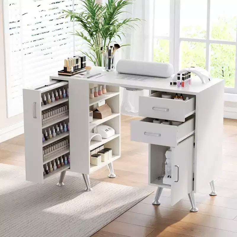 Table de manucure de 42 po pour prothésiste ongulaire avec aspirateur de poussière et repose-poignets, table à ongles avec casier vertical coulissant, 1 armoire de rangement, 2 tiroirs
