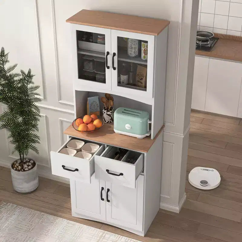 23 Armoires de cuisine en bois, armoire de garde-manger avec portes vitrées et tiroirs, étagères réglables, blanche