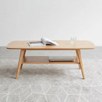 Table basse Grondin Nordic en bois massif naturel à 2 niveaux avec étagère, Table basse d'appoint rectangulaire