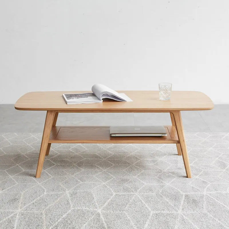 Table basse Grondin Nordic en bois massif naturel à 2 niveaux avec étagère, Table basse d'appoint rectangulaire