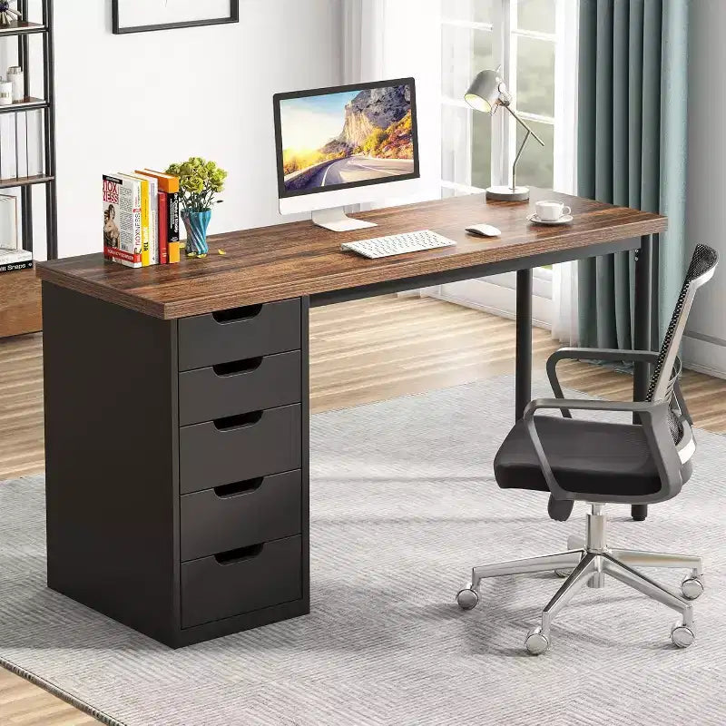 Bureau d'ordinateur Lantine avec 5 tiroirs, bureau moderne et simple de 119 cm pour la maison, le bureau et l'étude, idéal pour les petits espaces