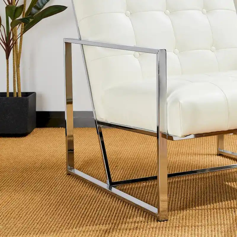 Glitzhome Fauteuil d'appoint touffeté en cuir PU crème, style milieu de siècle, 77,5 cm de hauteur, avec cadre chromé