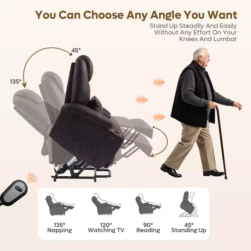Fauteuil inclinable électrique avec fonction releveur, massage et chauffage Bestier 34,6 po, fauteuil inclinable en similicuir avec poches latérales et porte-gobelets