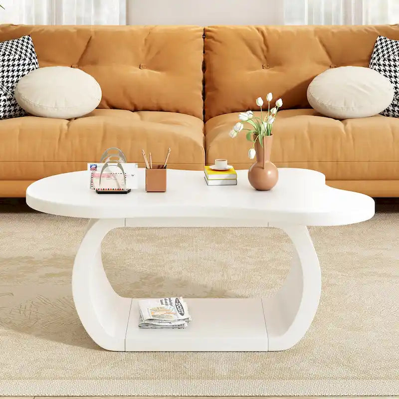 Table basse moderne Cloud avec plateau de 3,8 cm d'épaisseur, table d'appoint irrégulière de style crème avec pieds incurvés, table d'appoint au design unique