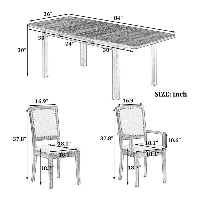 Ensemble de salle à manger extensible 9 pièces avec rallonge amovible de 61 cm, 6 chaises de salle à manger sans accoudoirs rembourrées et 2 fauteuils rembourrés