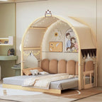 Lit cabane Montessori en bois massif avec plateforme, toit voûté et lit gigogne pour filles et garçons