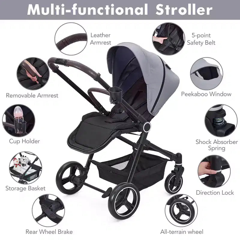 Poussette Bébé, Poussette Pliante - Poussette Haute pour Nouveau-né et Tout-petit, Landau Convertible avec Dossier Réversible
