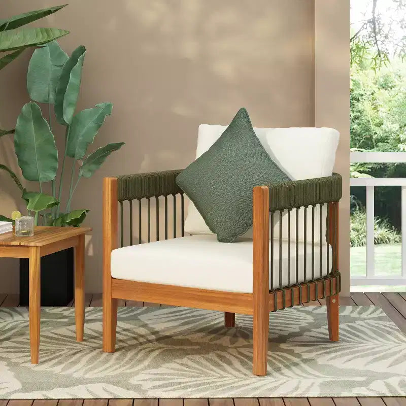Christopher Knight Home Fauteuil club de patio Clifton en acacia rustique et corde, rembourré avec dossier incurvé
