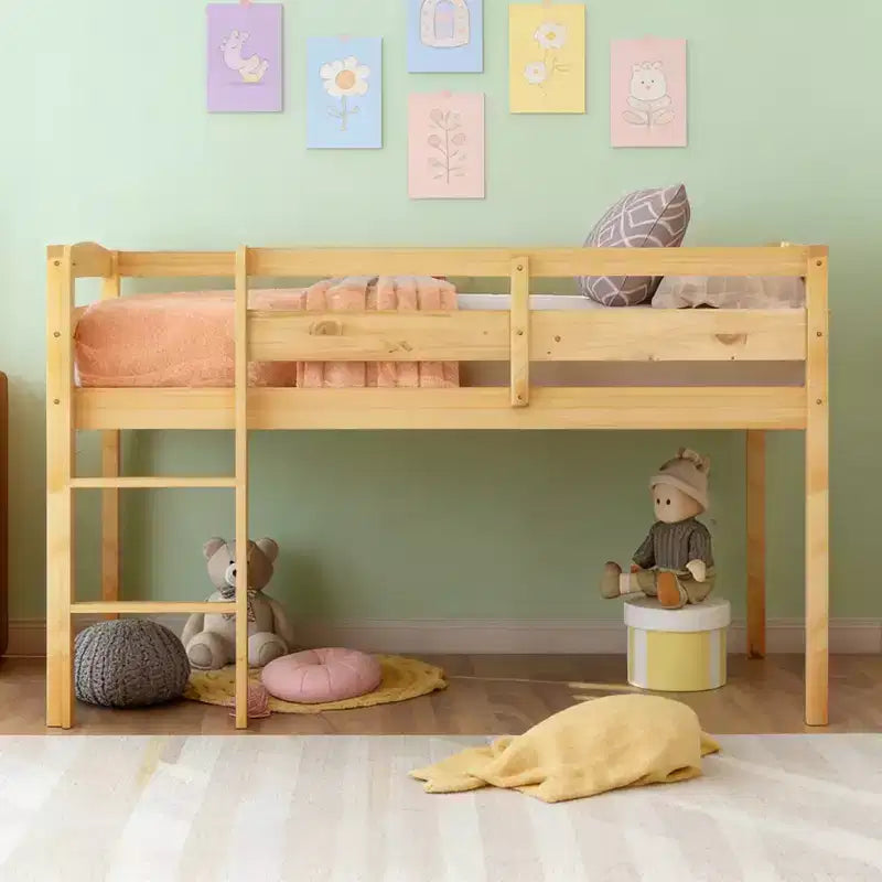 Lit mezzanine simple en bois massif Luxystar avec échelle et barrière de sécurité pour chambre d'enfant