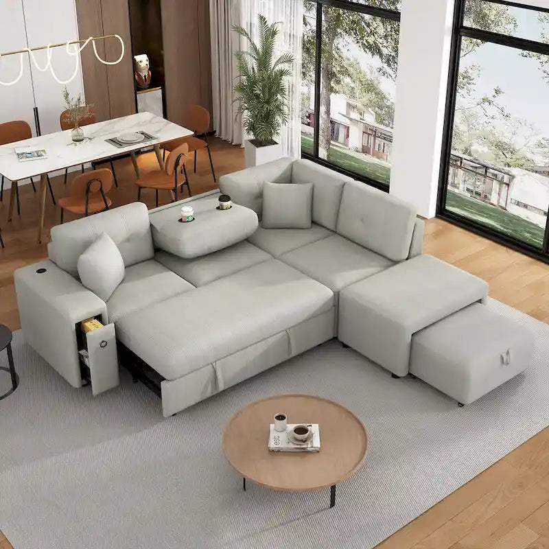 Canapé d'angle 4 places avec lit gigogne, pouf, ports USB et tablette rabattable
