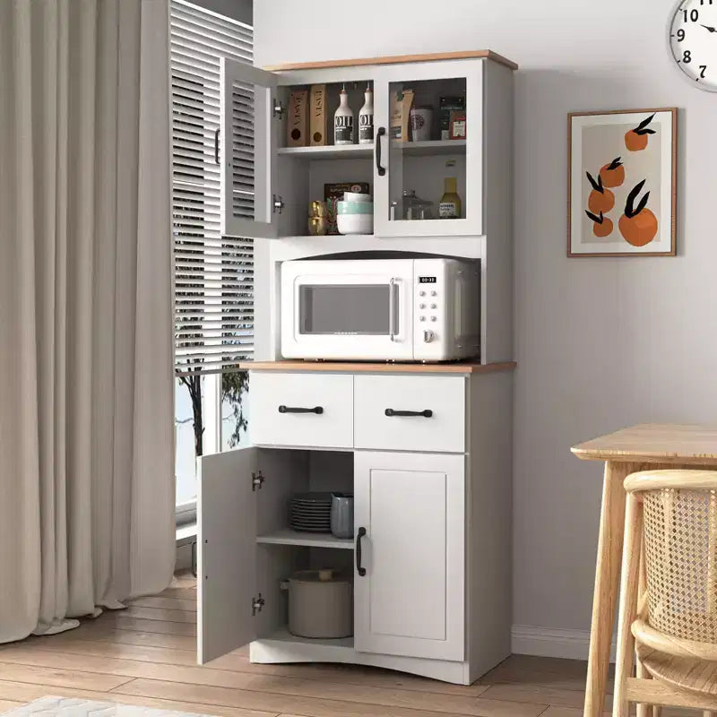 23 Armoires de cuisine en bois, armoire de garde-manger avec portes vitrées et tiroirs, étagères réglables, blanche