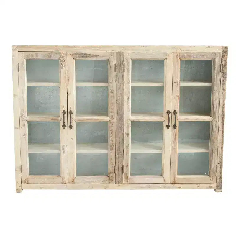 40 Armoire haute de rangement à 4 portes en bois recyclé et métal avec portes vitrées, marron
