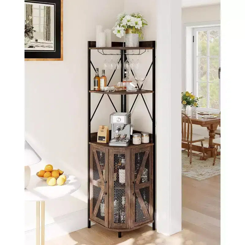 Meuble de bar d'angle Garvee à 5 niveaux, meuble à liqueurs de 181,6 cm de haut avec lumières LED pour la maison
