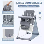 Chaise haute pliable pour bébés et tout-petits, chaise haute en cuir PU avec dossier réglable, hauteur d'assise, plateau amovible, harnais de sécurité 5 points et roues verrouillables