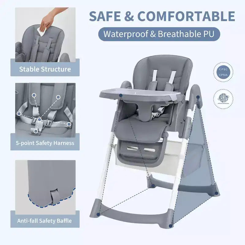 Chaise haute pliable pour bébés et tout-petits, chaise haute en cuir PU avec dossier réglable, hauteur d'assise, plateau amovible, harnais de sécurité 5 points et roues verrouillables