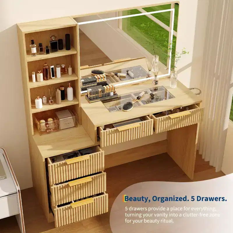 Coiffeuse de maquillage avec miroir éclairé et station de recharge, tactile 3 couleurs à intensité variable, 5 tiroirs et plateau en verre, table de maquillage moderne pour chambre à coucher